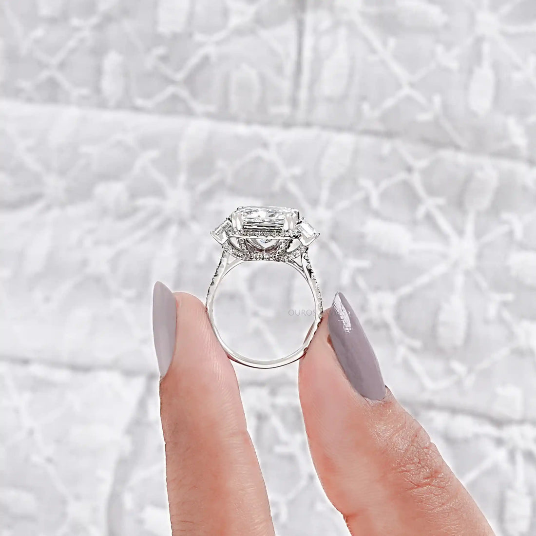 Square Radiant Cut Three Stone Halo With Accent Ring Rings
