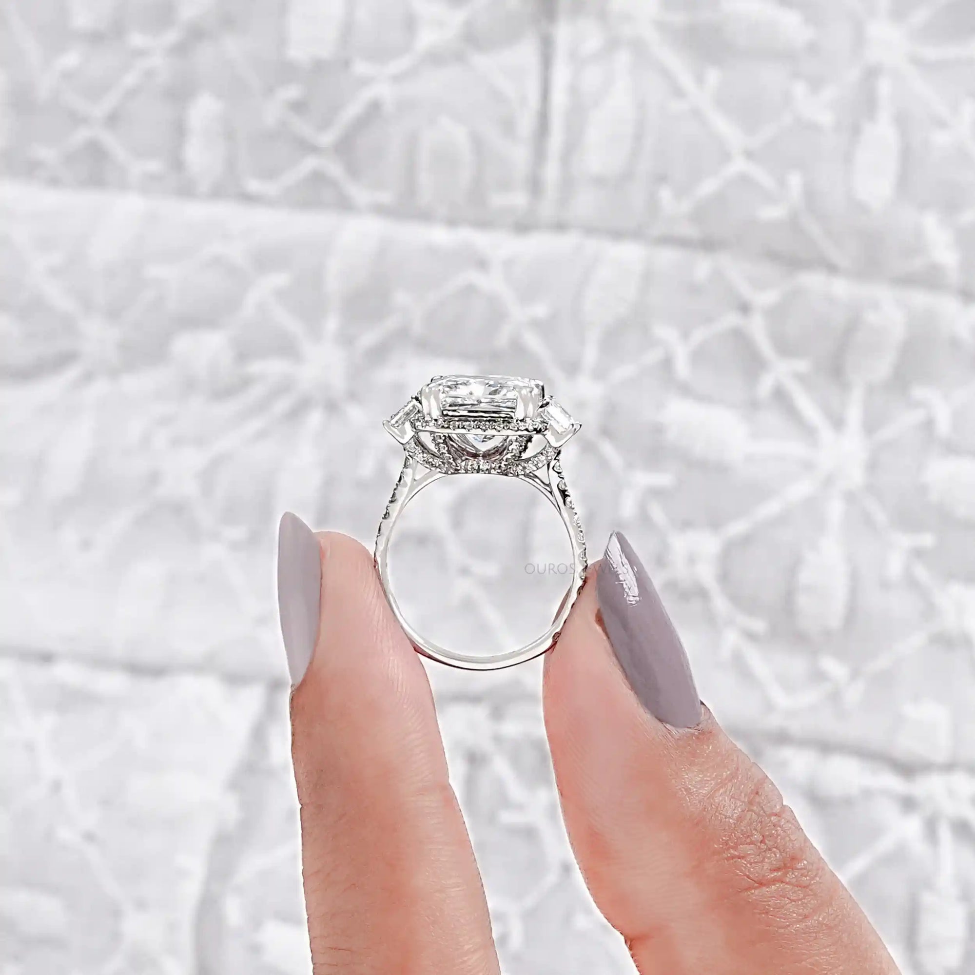 Square Radiant Cut Three Stone Halo With Accent Ring Rings