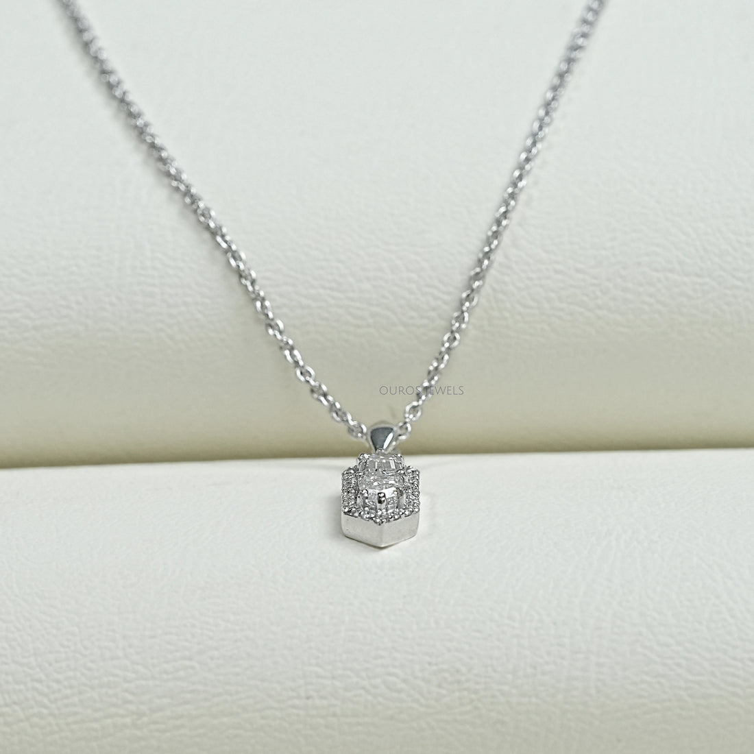 Step Cut Arrow Diamond Halo Pendant Necklaces