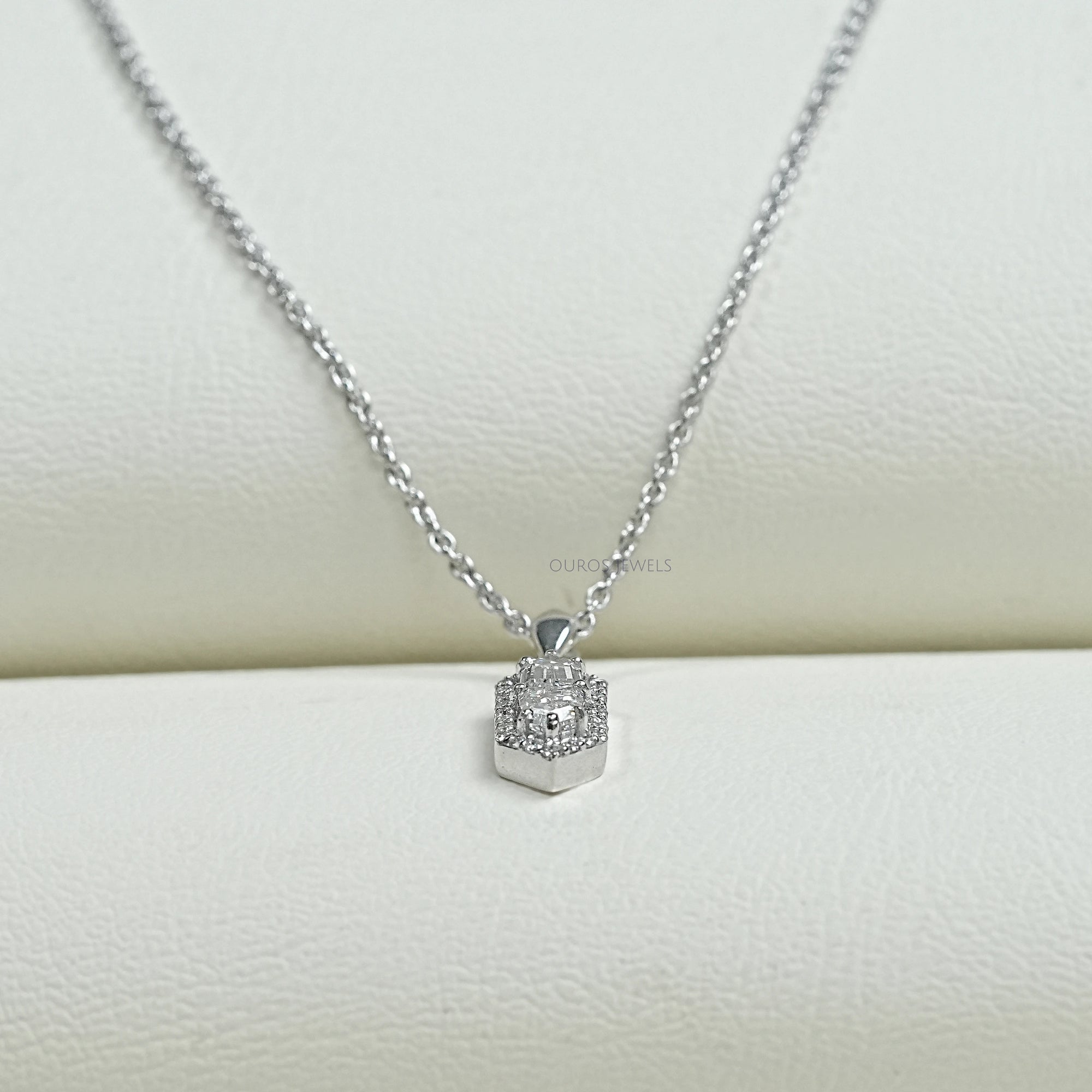 Step Cut Arrow Diamond Halo Pendant Necklaces