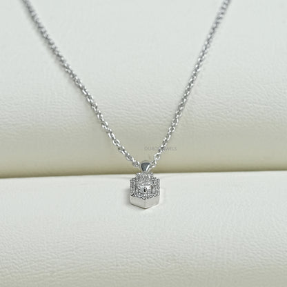 Step Cut Arrow Diamond Halo Pendant Necklaces