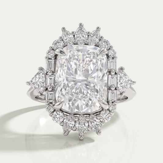 Elongated Cushion Halo Diamond With Baguette & Round Engagement Ring Rings
