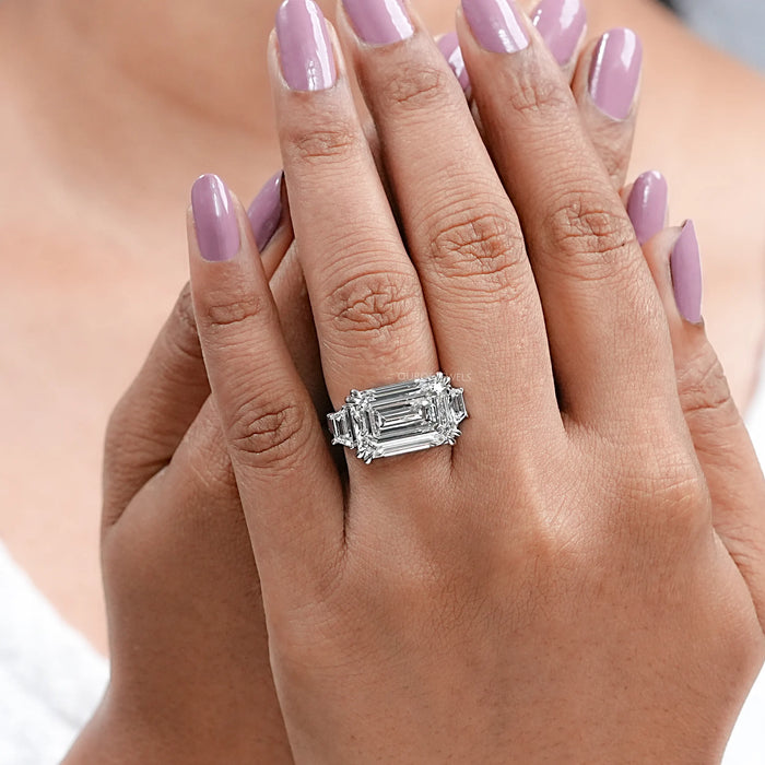 Emerald Three Stone Step Cut Trapezoid Engagement Ring Ring