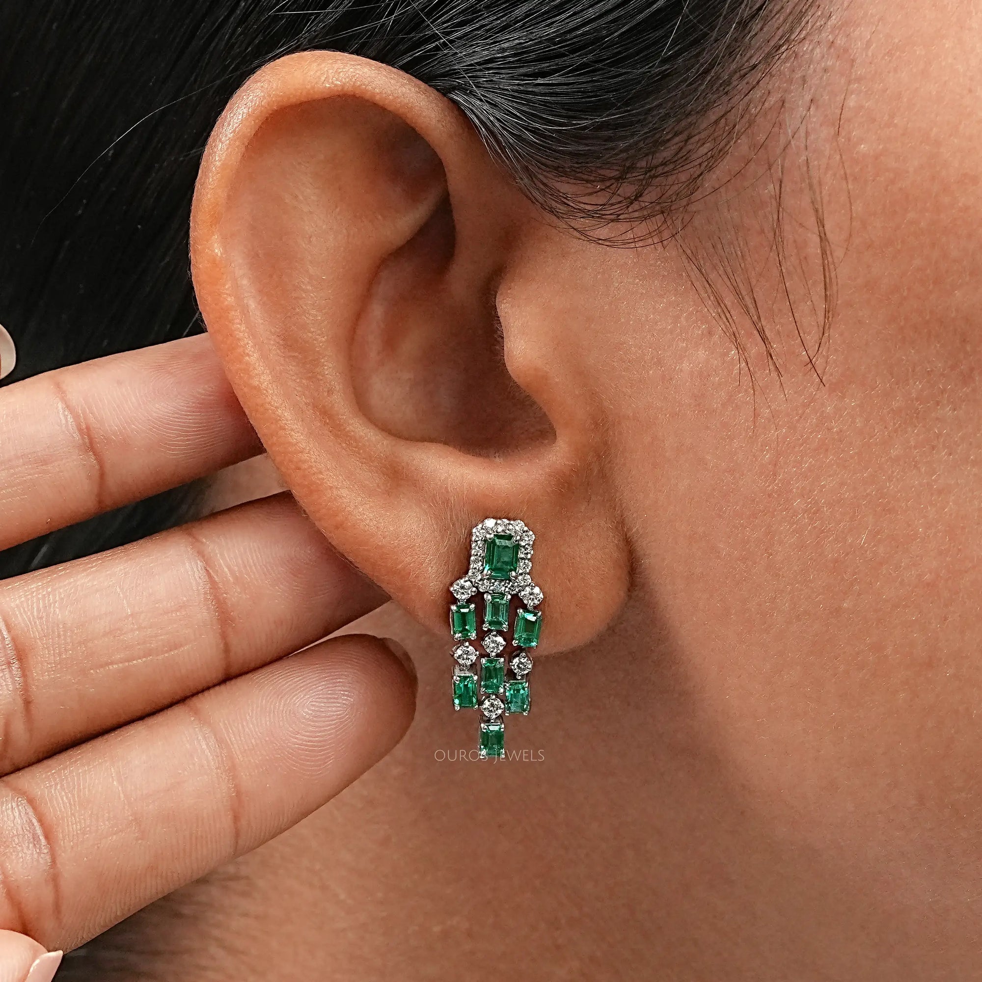 Green Emerald Halo Chandelier Dangle Earrings