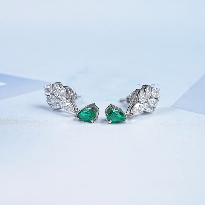 Green Emerald And Pear Diamond Cluster Earrings