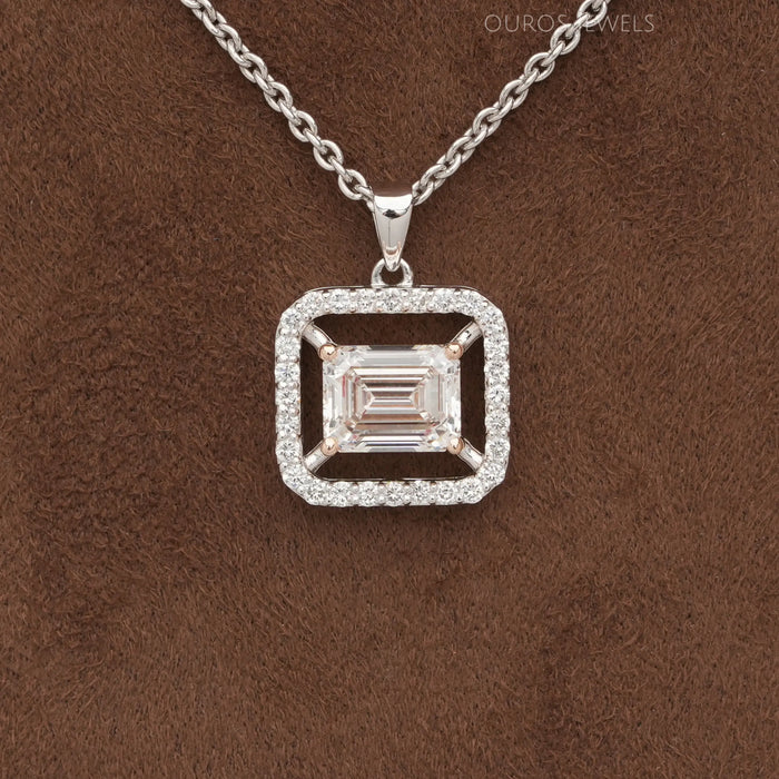 Emerald Cut Lab Grown Diamond Halo Pendant Necklaces
