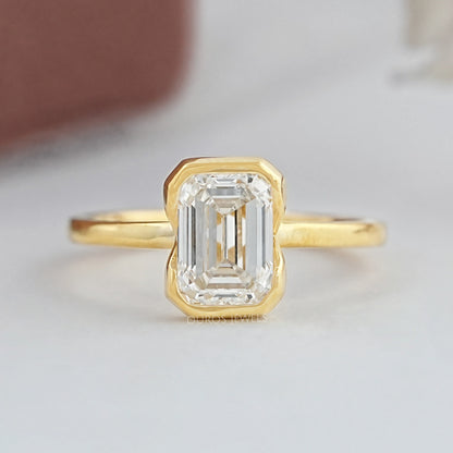 Emerald Diamond Bezel Set Solitaire Engagement Ring Rings