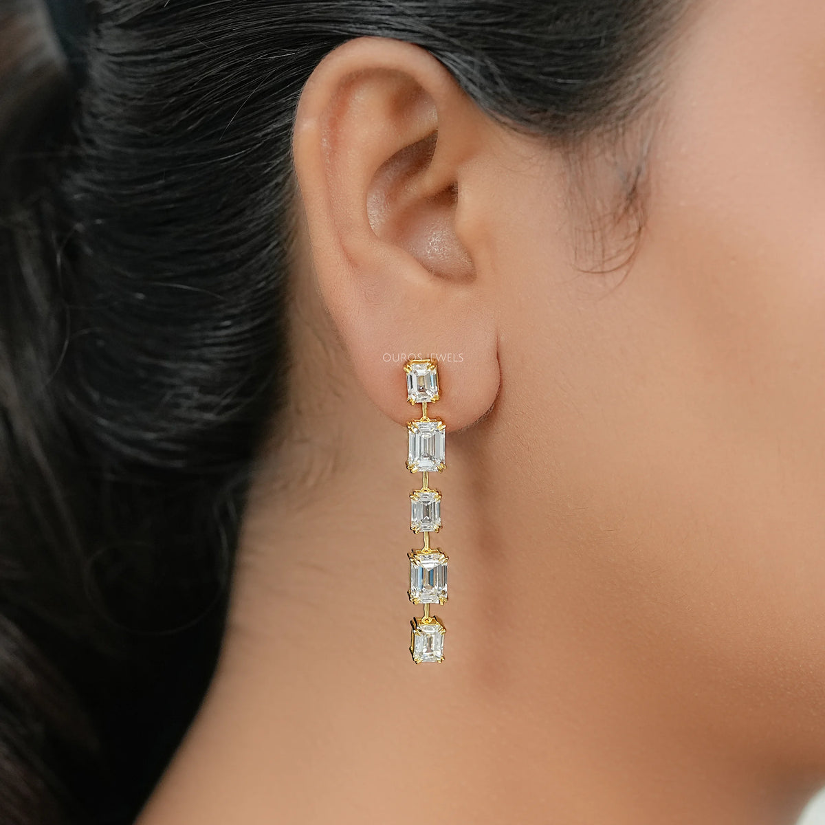 Emerald Lab Diamond Liner Drop Earrings