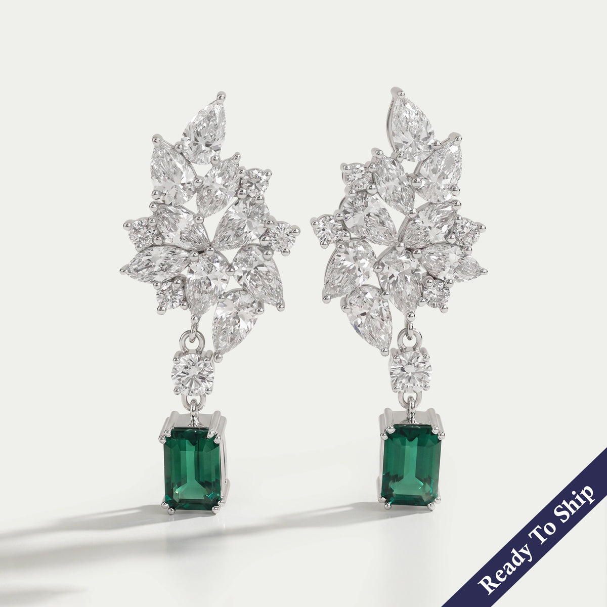 Green Emerald And Lab Diamond Cluster Drop Earrings