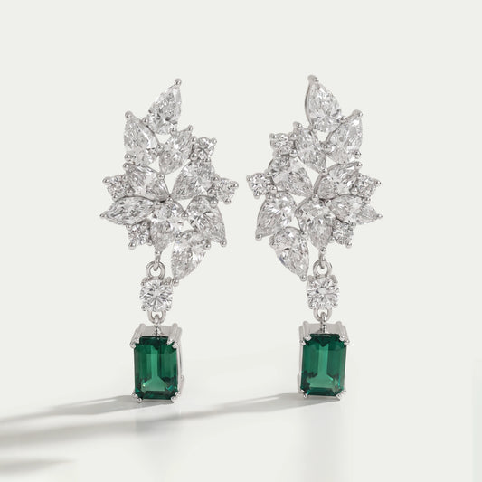 Diamond Cluster Drop Emerald Earrings
