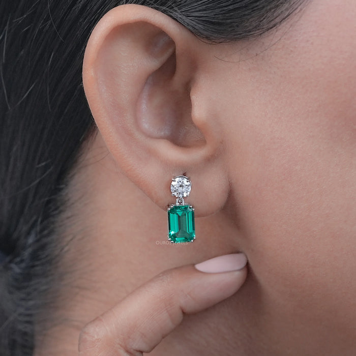 Two Stone Green Emerald And Round Diamond Drop Earrings