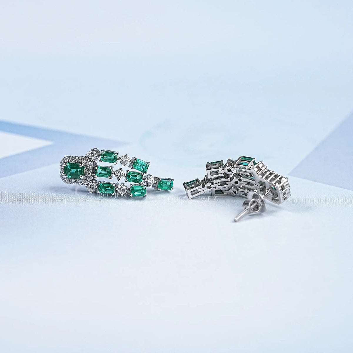 Green Emerald Halo Chandelier Dangle Earrings