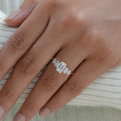 Half Bezel Emerald And Oval Five Stone Engagement Ring Rings