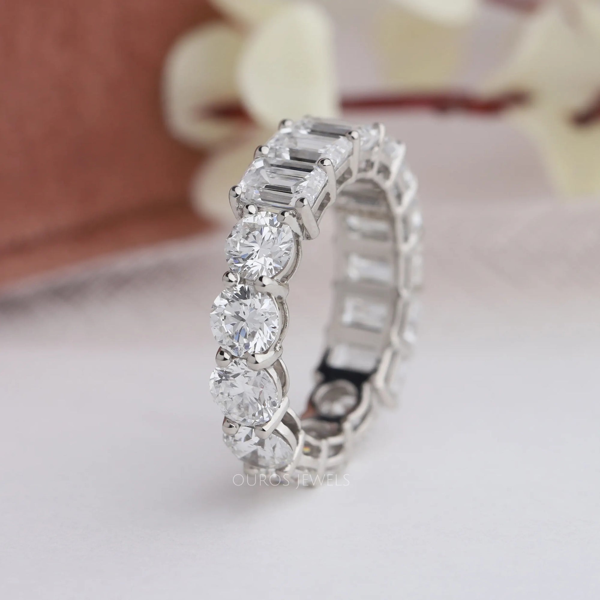 Emerald And Round Cut Diamond Eternity Wedding Band Ring
