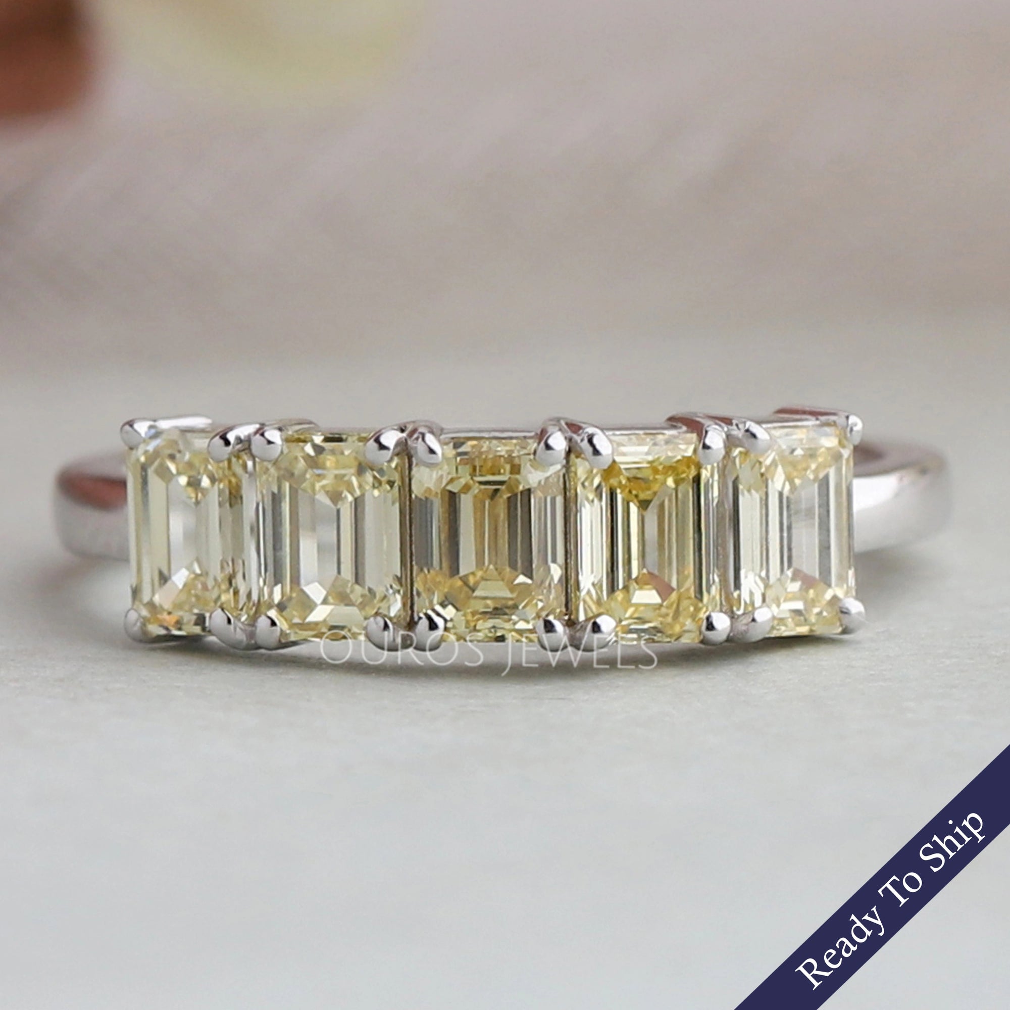 5 Stone Yellow Emerald Cut Wedding Ring