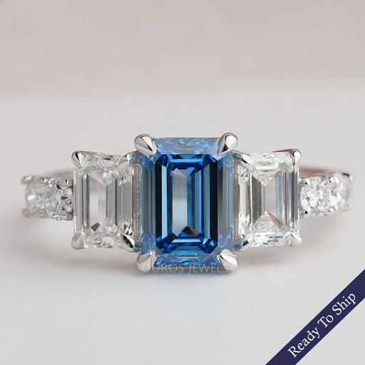 Blue Emerald Cut Lab Diamond Engagement Ring