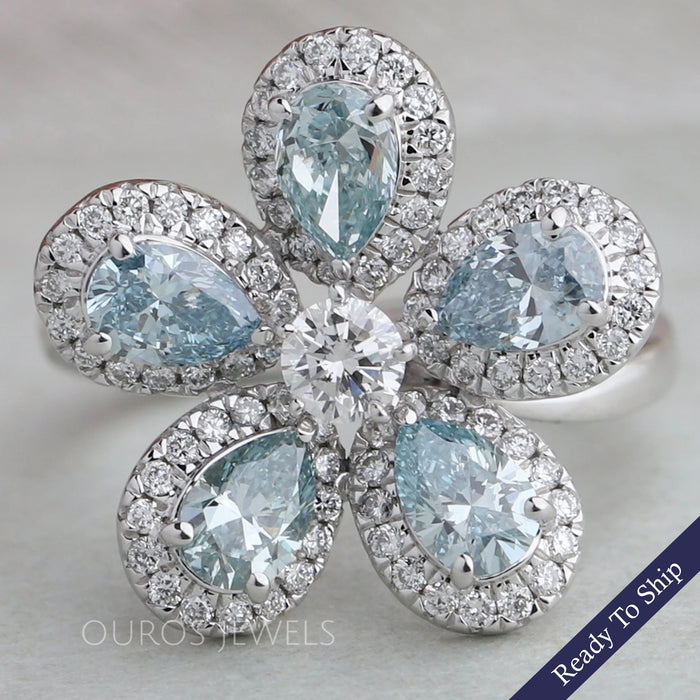 Light Blue Pear Diamond Halo Ring