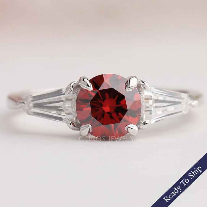 Three Stone Red Round Diamond Engagement Ring