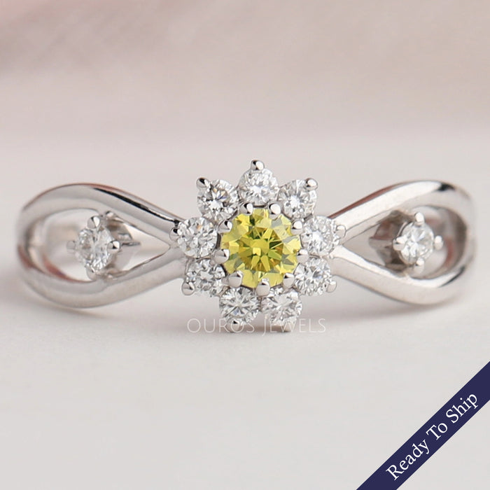 Yellow Round Cut Halo Diamond Anniversary Ring
