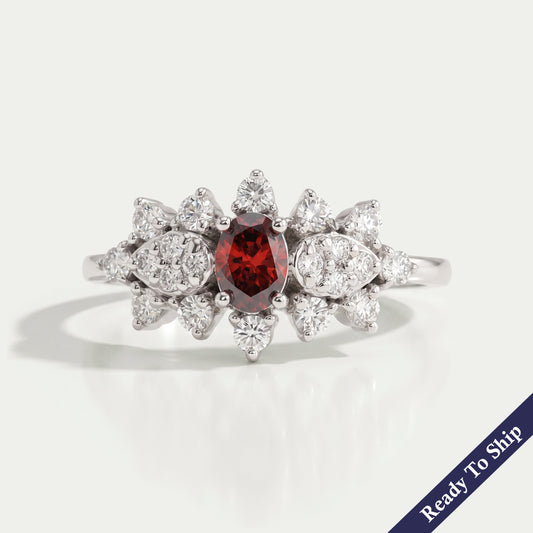 Red Oval Cut Cluster Diamond Dainty Ring