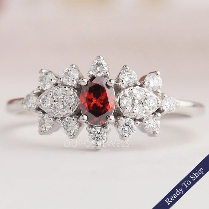 Red Oval Cut Cluster Diamond Dainty Ring