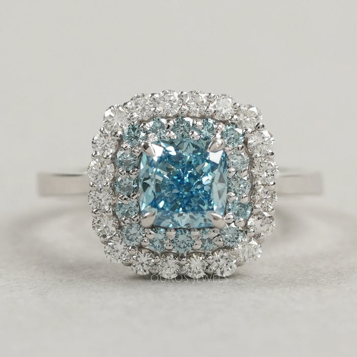 Fancy Blue Cushion Cut Double Halo Lab Diamond Ring Rings
