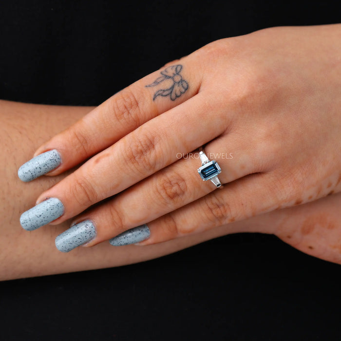 Three Stone Emerald Cut Engagement Ring Ring