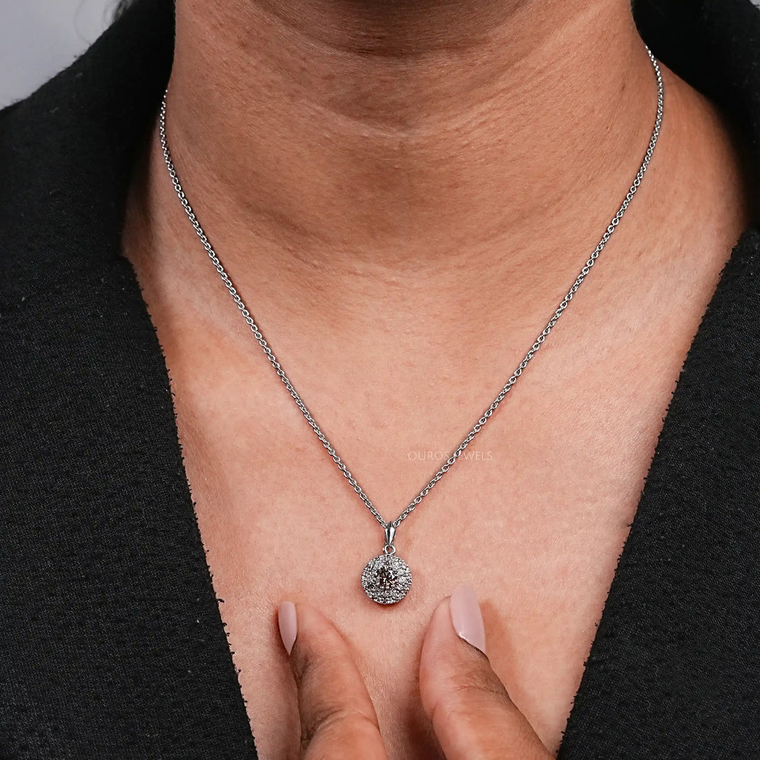 Double Halo Round Shape Champagne Diamond Pendant Necklaces