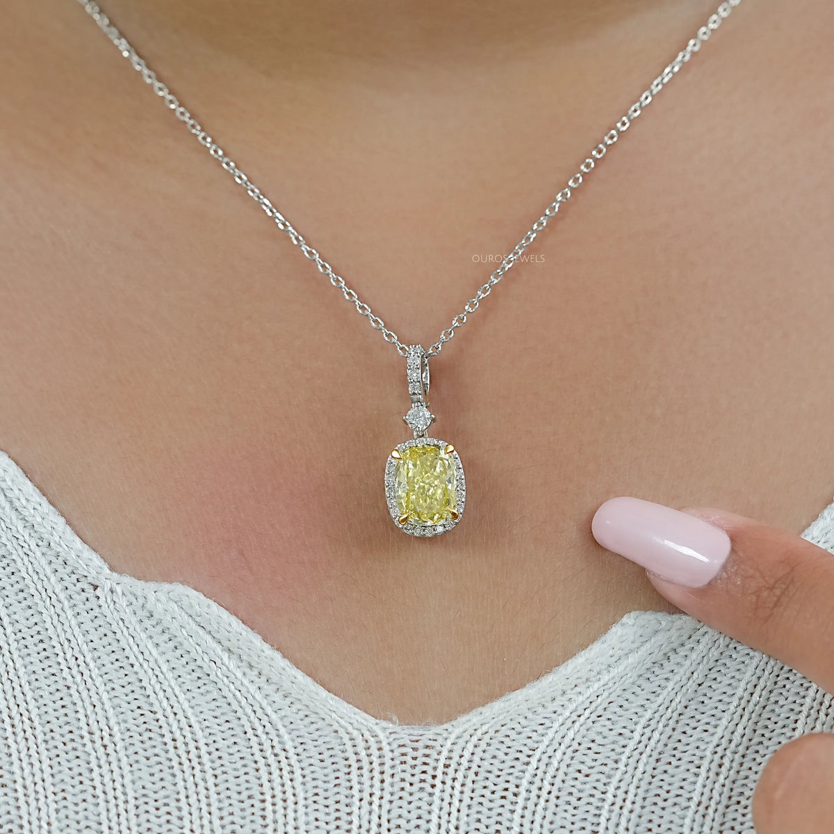 Fancy Intense Yellow Cushion Diamond Halo Pendant Necklaces