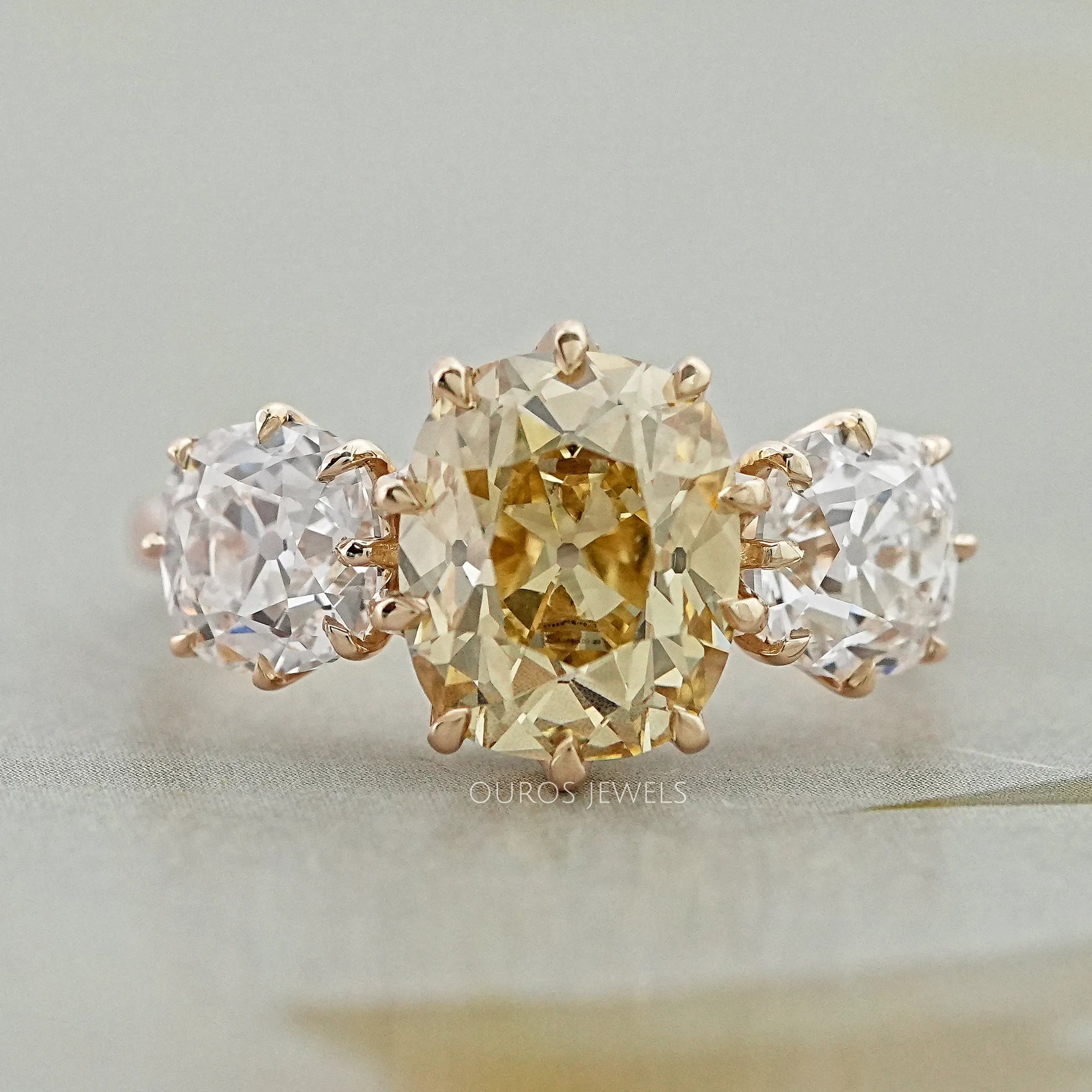 Fancy Yellow Old Mine Cushion Diamond Three Stone Ring Rings