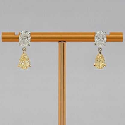 Fancy Yellow Pear And Oval Diamond Drop Earrings