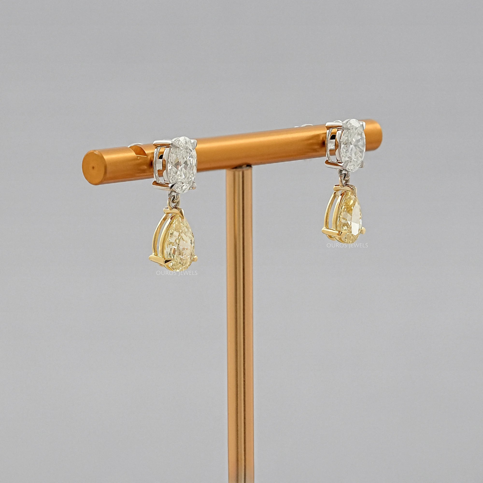 Fancy Yellow Pear And Oval Diamond Drop Earrings