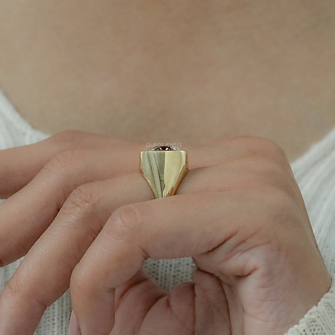 Fancy Yellow Round Diamond Bezel Set Signet Ring Ring