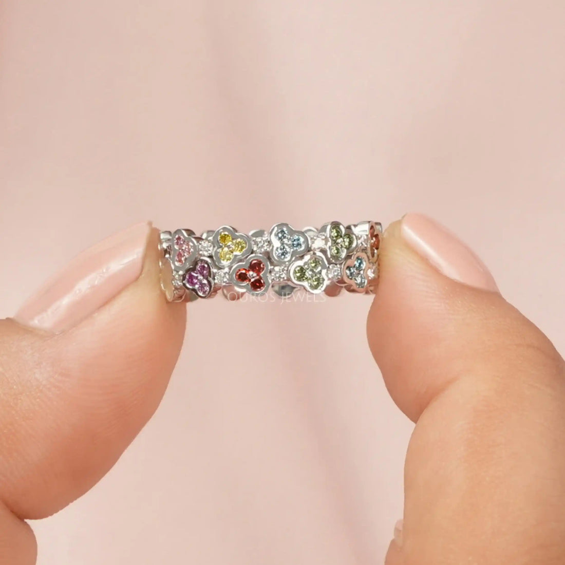 Rainbow Color Round Cut Lab Grown Diamond Wedding Band Ring