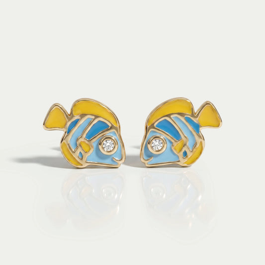 Round Cut Diamond Enamel Fish Earrings For Kids