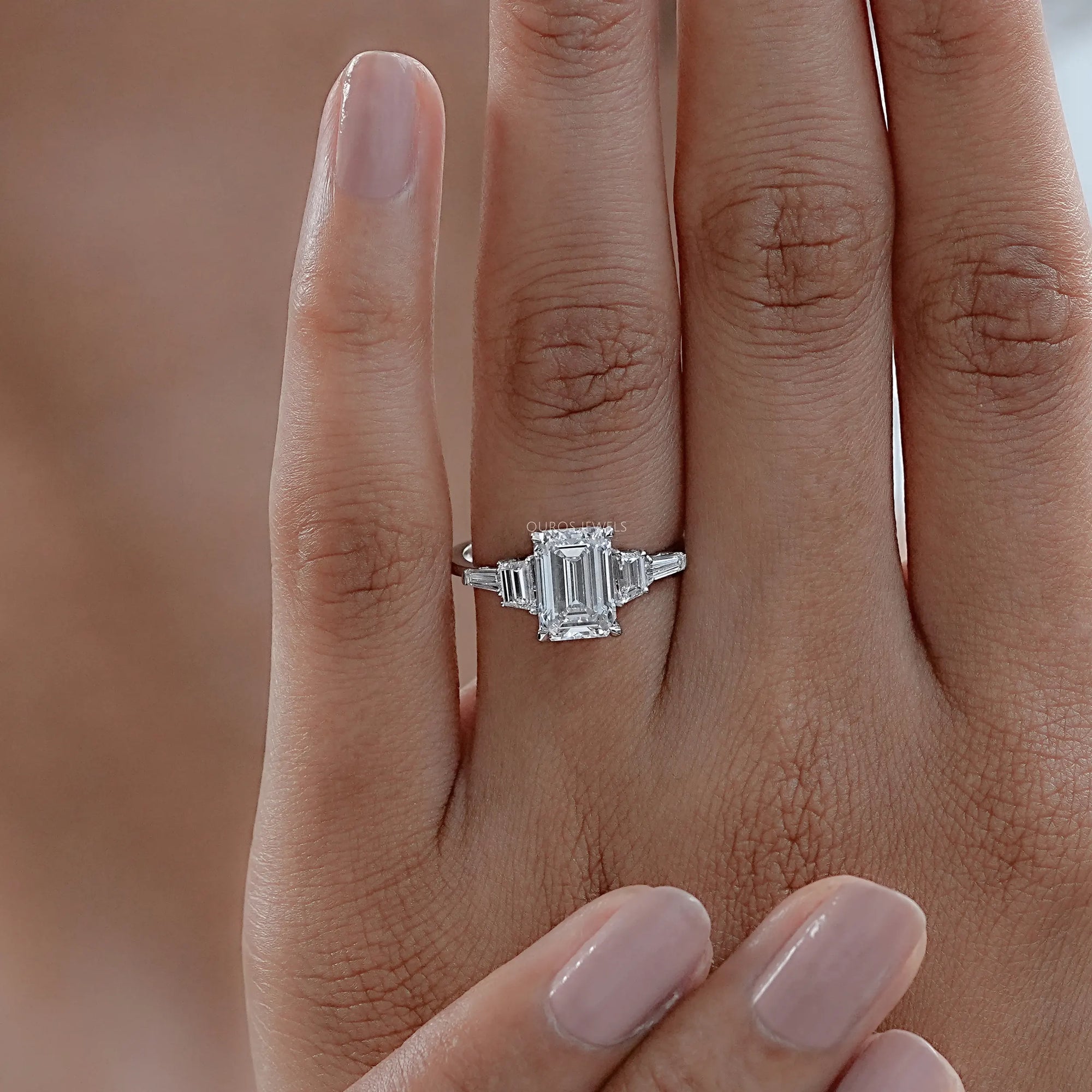 Emerald And Trapezoid Lab Diamond Five Stone Engagement Ring Rings