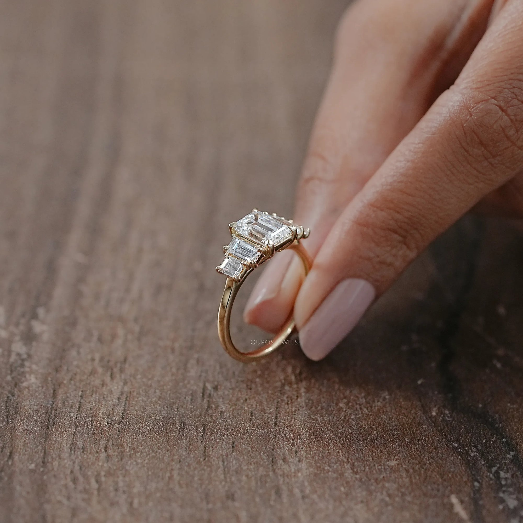 Five Stone Emerald And Baguette Diamond Engagement Ring Rings