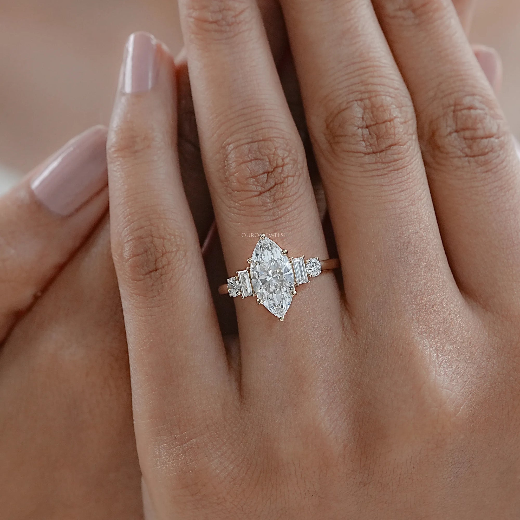 Five Stone Marquise And Baguette Diamond Engagement Ring Rings