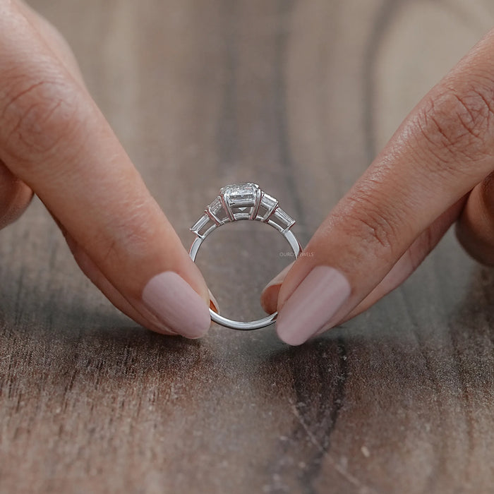 Emerald And Trapezoid Lab Diamond Five Stone Engagement Ring Rings