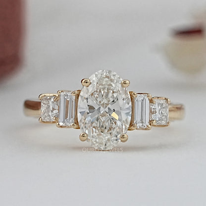 Oval And Baguette Diamond Five Stone Engagement Ring Rings