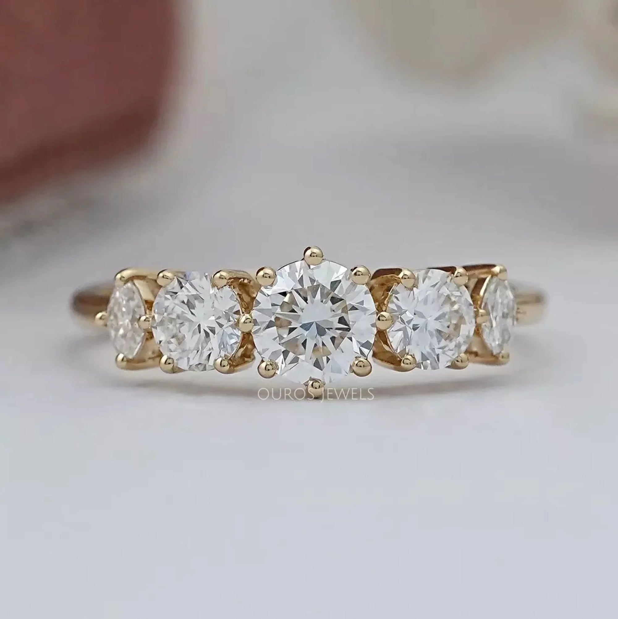 Five Stone Round And Marquise Diamond Engagement Ring Rings