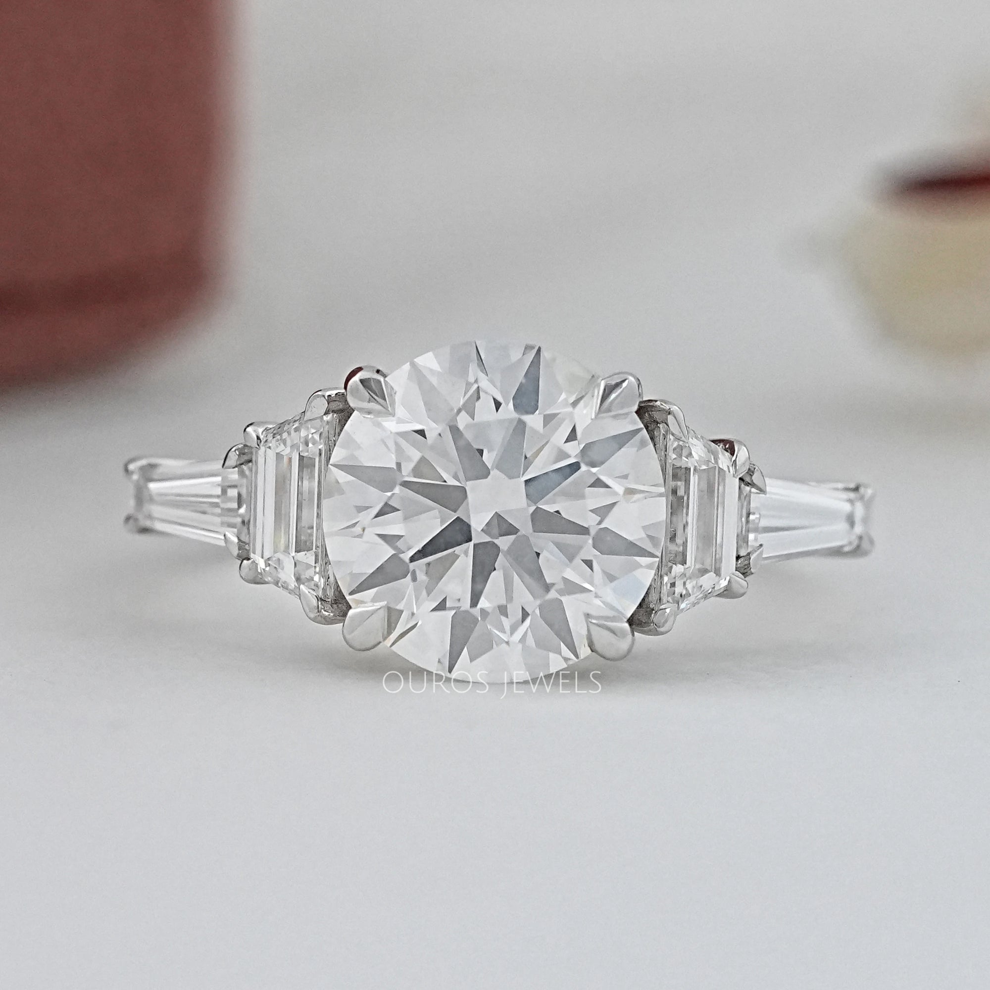 Round And Trapezoid Lab Diamond Five Stone Engagement Ring Rings