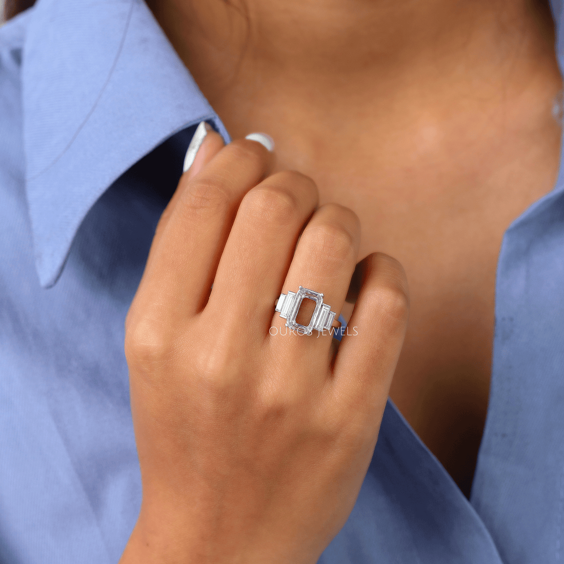 Five Stone Emerald Cut Semi Mount Wedding Ring