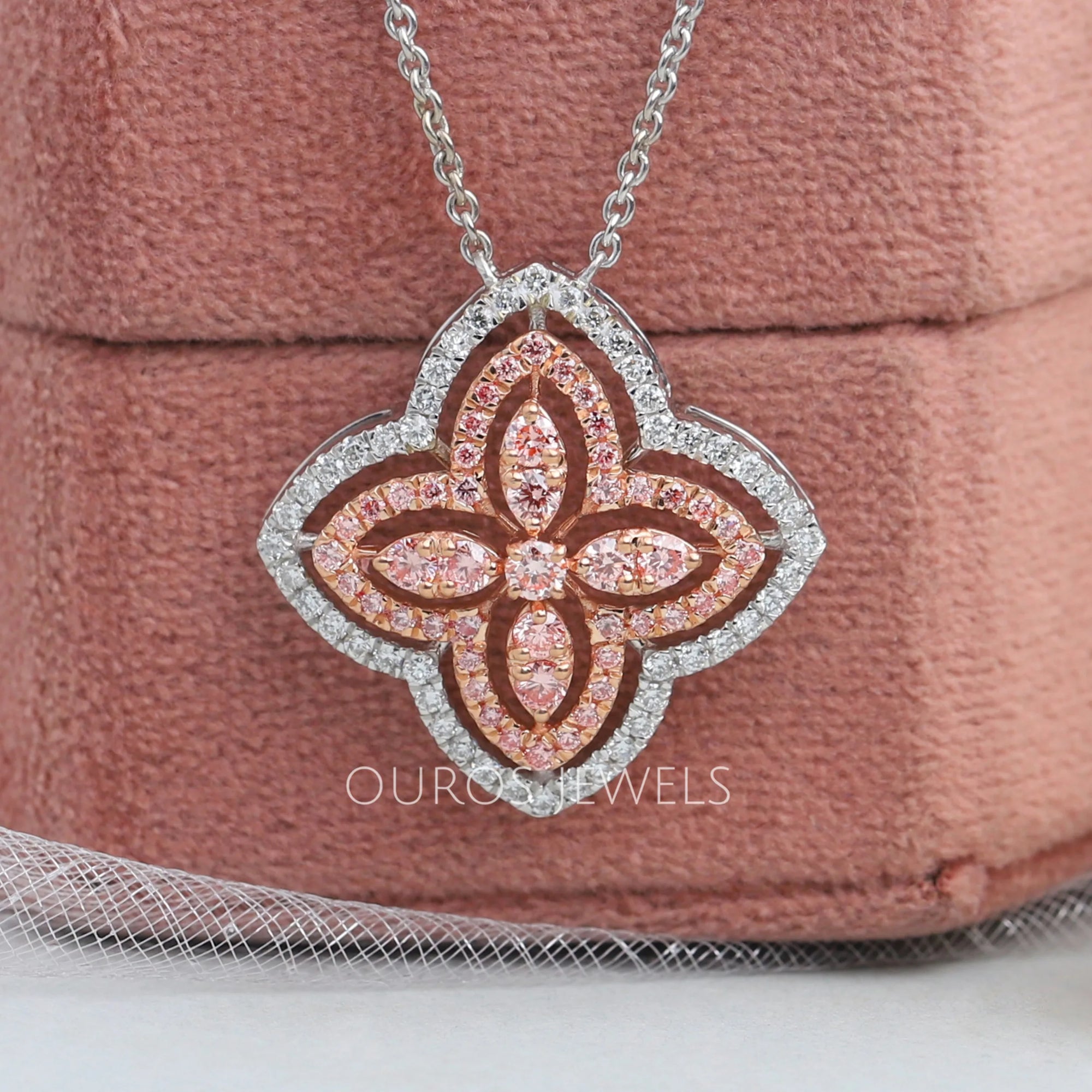Floral Style Round Cut Diamond Halo Pendant Necklaces