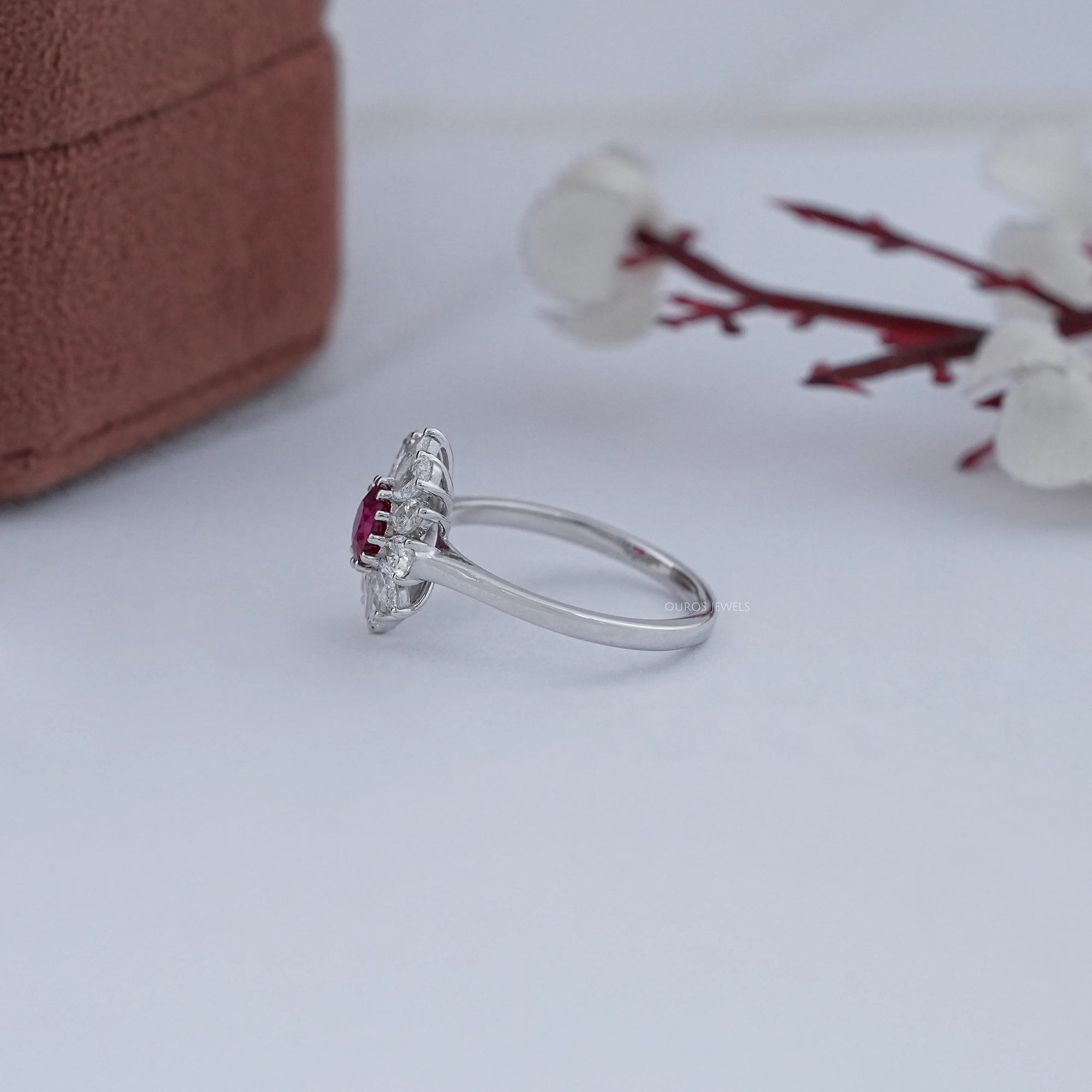 Ruby Round And Lab Diamond Floral Halo Engagement Ring