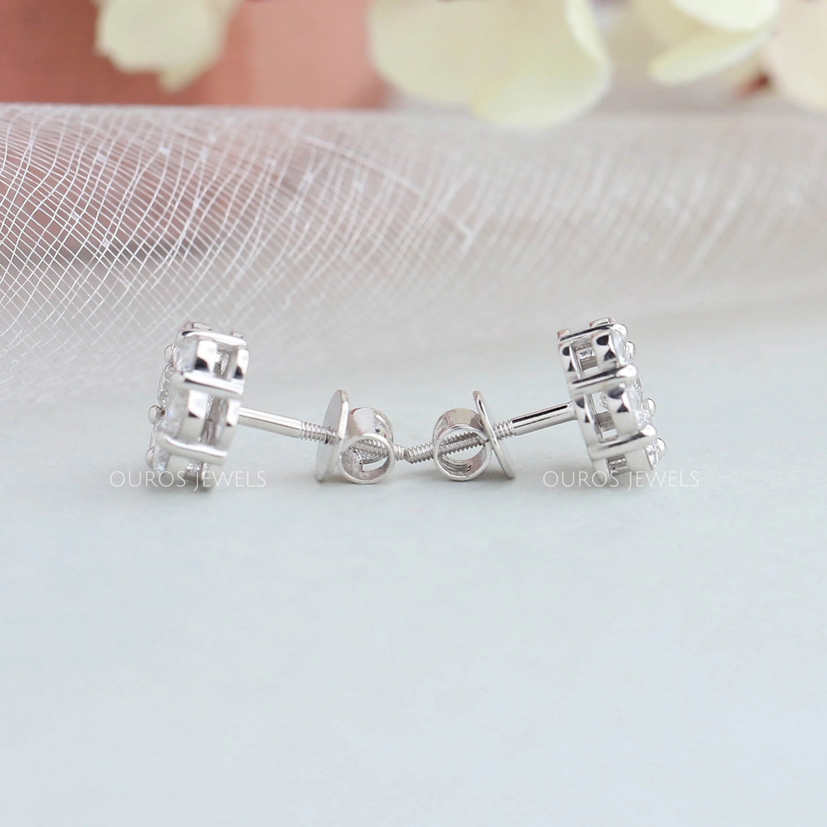 Floral Style Round Cut Halo Stud Earrings Earring