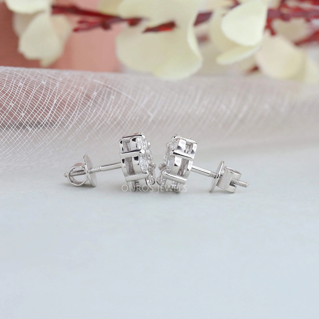 Floral Style Round Cut Halo Stud Earrings Earring