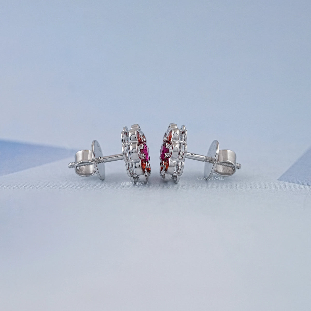 Ruby Round And Lab Diamond Bezel Set Floral Stud Earrings