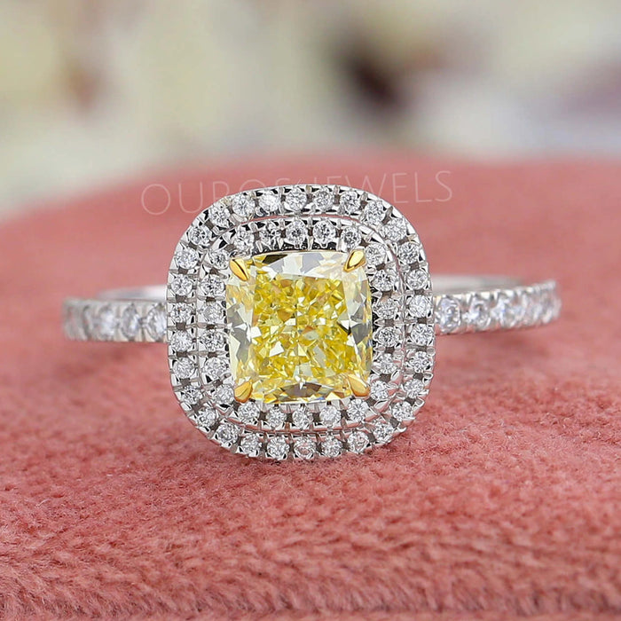Yellow Cushion Cut Double Halo Solitaire Engagement Ring