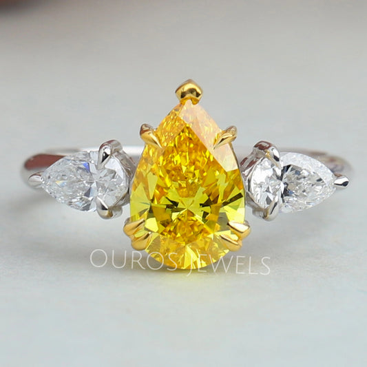 Yellow Pear Cut Lab Three Stone Diamond Ring